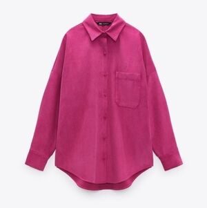Zara Corduroy Oversized Button Down Chemise in Hot Pink
